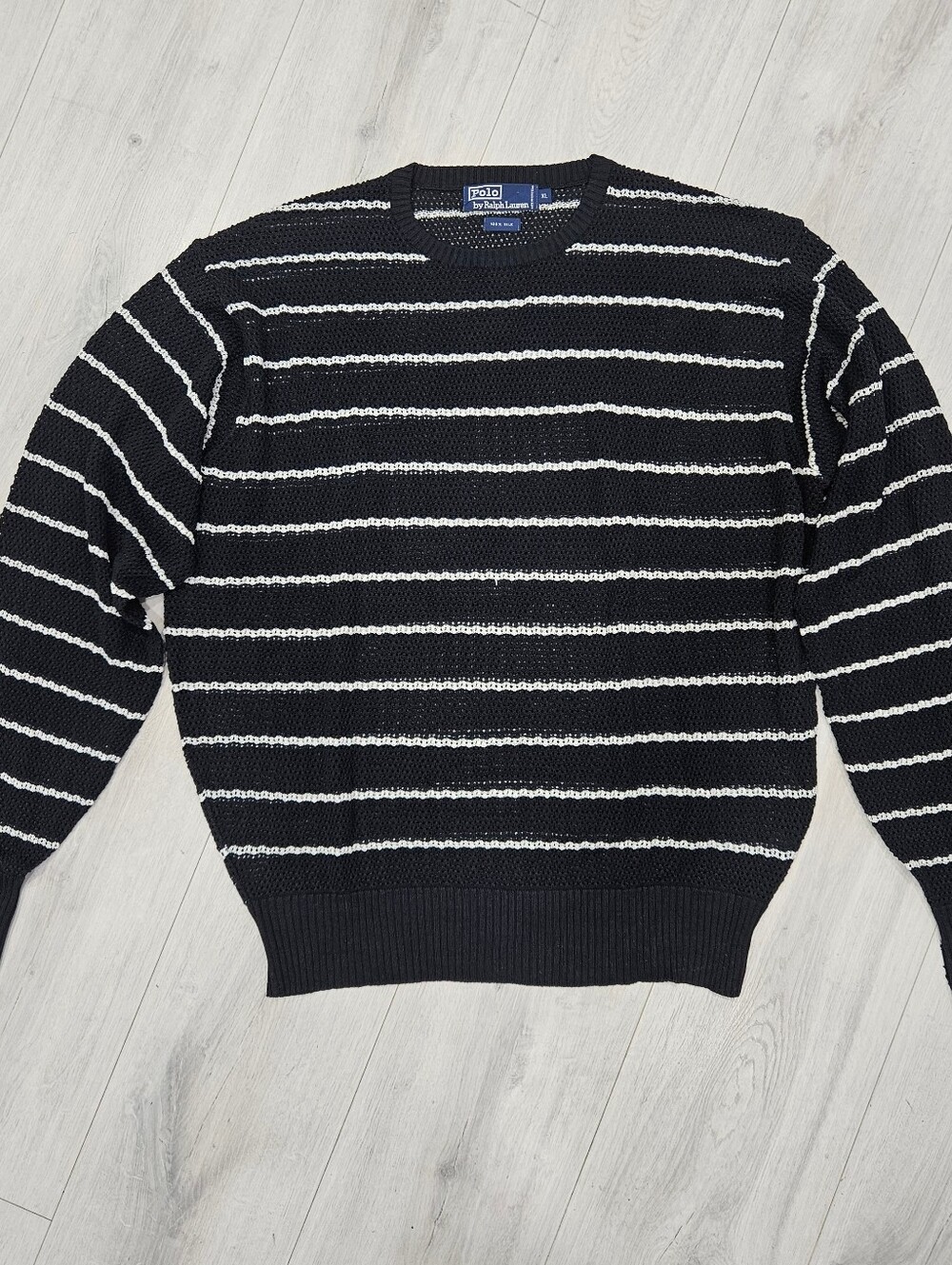 VTG Polo Ralph Lauren Silk Open Knit Striped Pullover Sweater Black Cream XL